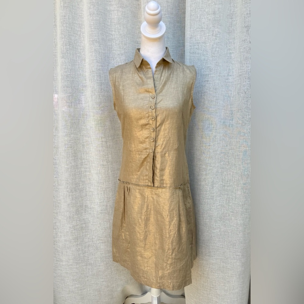 Cashmeres gold metallic linen button down shirt midi dress